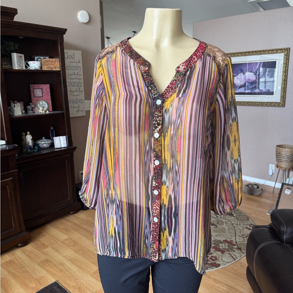 Fig & Flower boho striped multicolored button front 3/4 sleeves blouse-size L